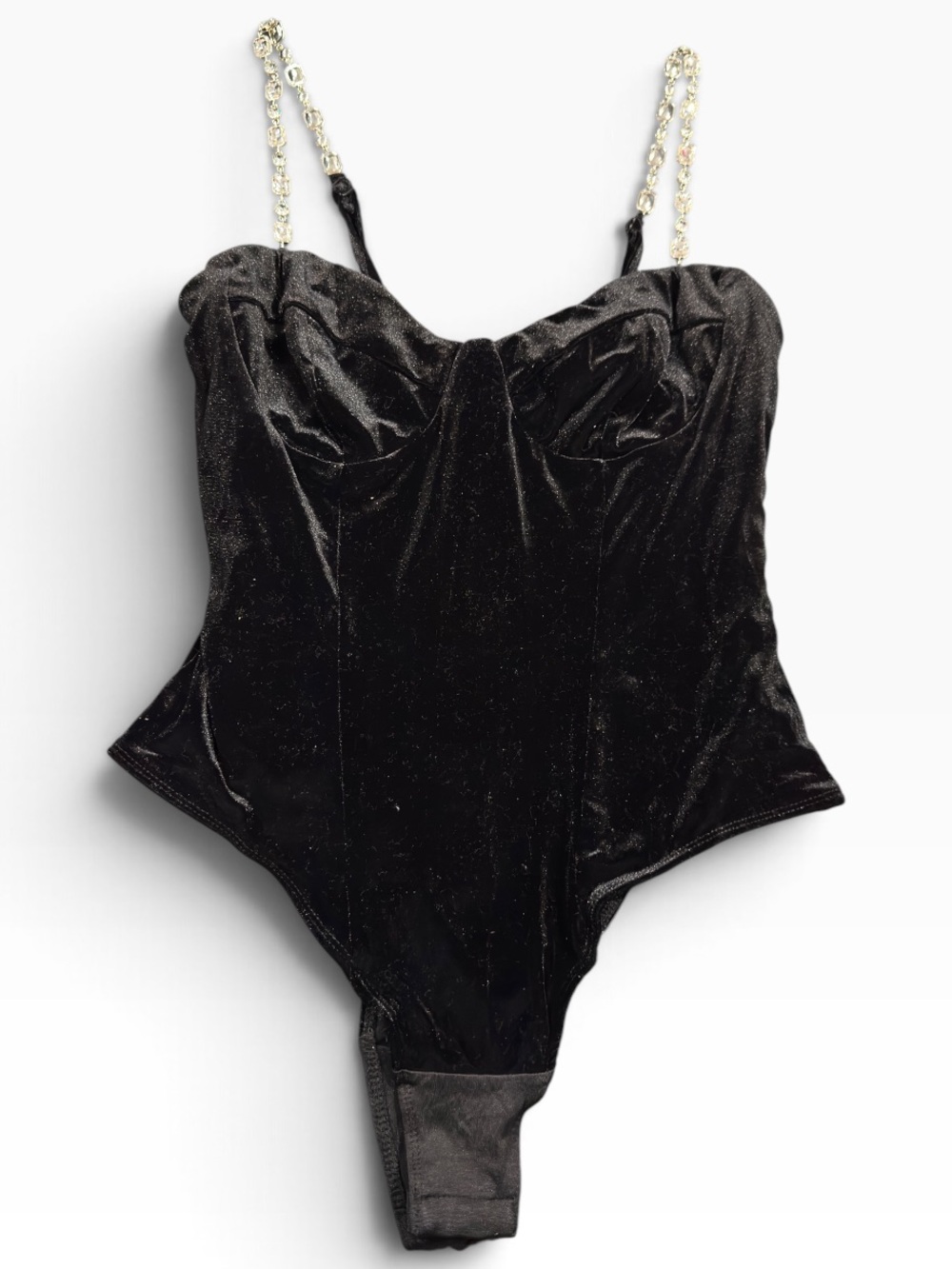Black Velvet Jeweled Chain-Strap Bodysuit